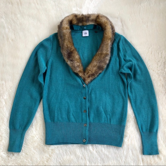 CAbi Sweaters - CAbi tearoom teal cardigan w/fur style 3018 medium